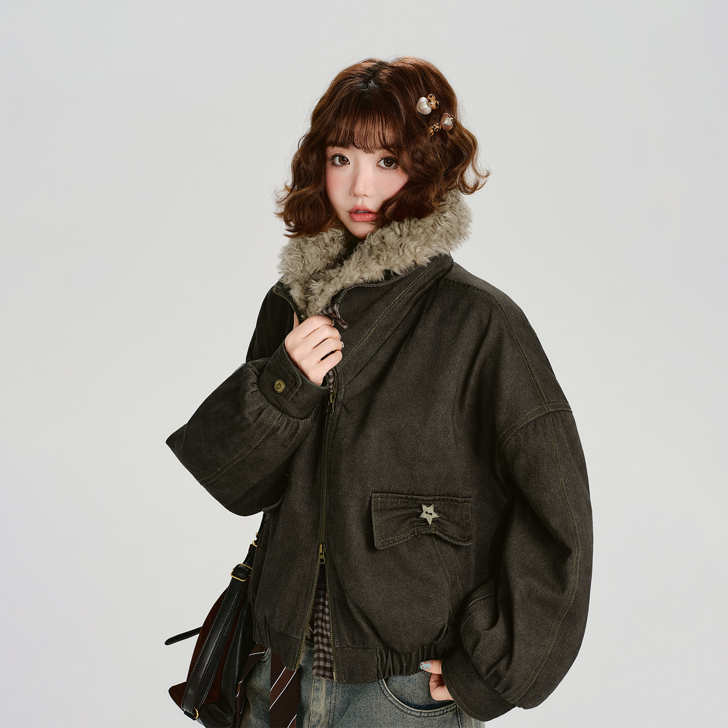 Girlyhalo美式复古翻领撞色拼接设计感夹克外套女冬新款加厚棉服,淘宝优惠券,粉丝福利购,淘宝优惠卷