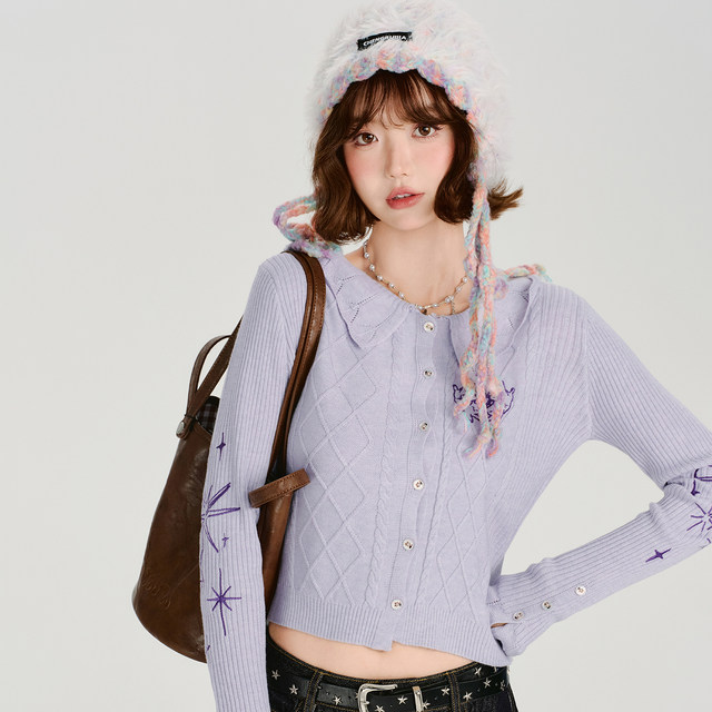 Girlyhalo American retro ອອກແບບ lapel knitted cardigan ສໍາລັບແມ່ຍິງດູໃບໄມ້ລົ່ນໃຫມ່ສັ້ນຫວານເຢັນເທິງ
