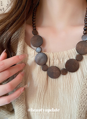 复古木珠串珠几何圆形吊坠项链民