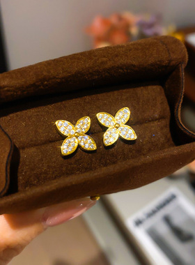 18K真金电镀银针锆石花朵耳钉轻奢高级感耳环韩系精致百搭耳饰品