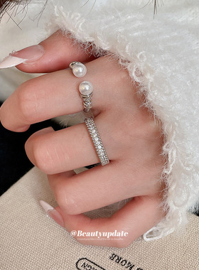 韩系新款锆石珍珠开口戒指冷淡风