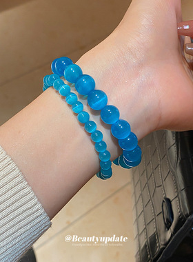 蓝色猫眼石串珠手链女小众设计高