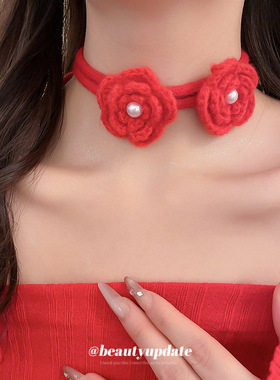 秋冬新款针织花朵吊坠项链温柔优