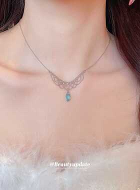 韩系蓝色水晶水滴吊坠项链个性精美优雅气质锁骨链小众设计感颈链