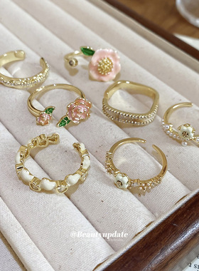 14真金电镀贝母锆石花朵开口戒指