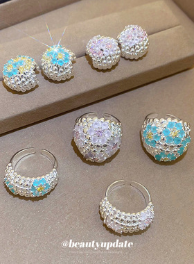 韩系锆石花朵耳环戒指清新甜美小