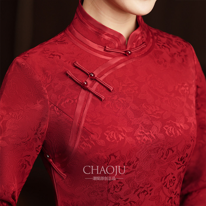 喜婆婆婚宴装2024新款旗袍红色秋冬款长袖礼服妈妈高端轻奢高级感