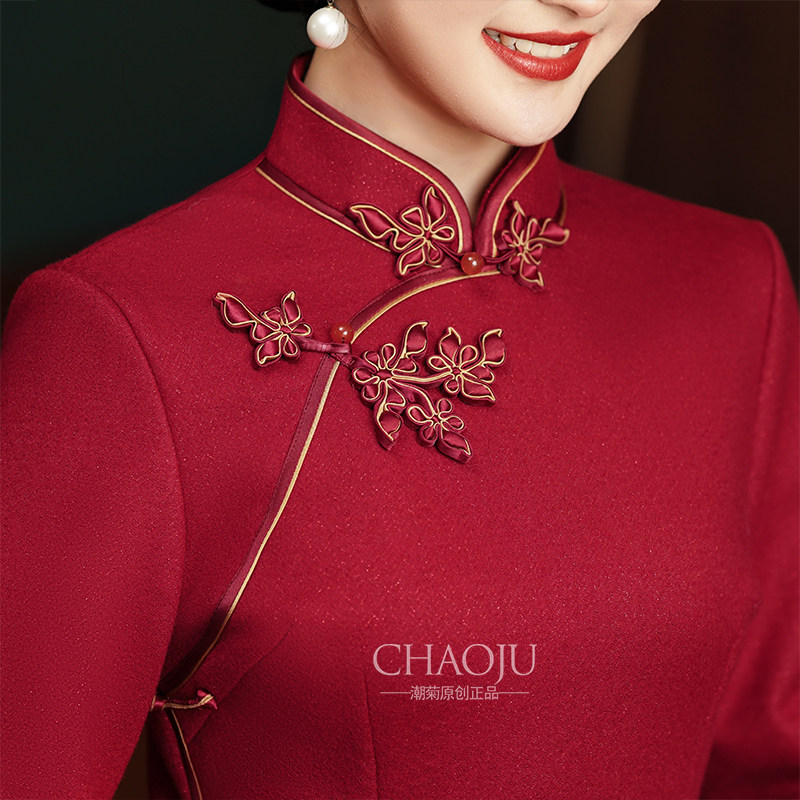 喜婆婆婚宴装2024年新款礼服红色旗袍妈妈高端秋冬款长袖加厚毛呢