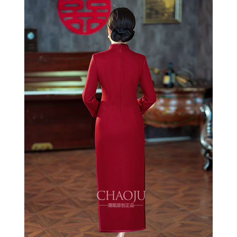 喜婆婆婚宴装2024新款秋冬款酒红色气质高贵婚宴妈妈礼服平时可穿