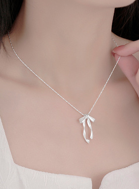 925银女简约小众蝴蝶结飘带项链