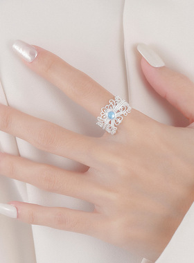 女925银食指戒镂空花丝戒指