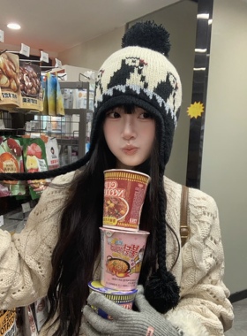 可爱小企鹅刺绣绑带毛线帽护耳帽女秋冬季保暖显脸小针织雷锋帽子