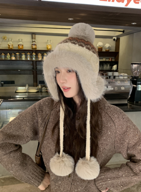 加厚加绒保暖雷锋帽子女秋冬季新款民族风针织帽东北雪乡旅行棉帽