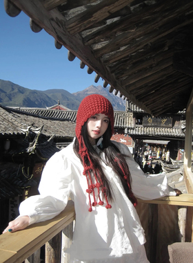 川西旅游红色镂空针织包头帽子女秋冬季显脸小流苏毛线帽套头冷帽