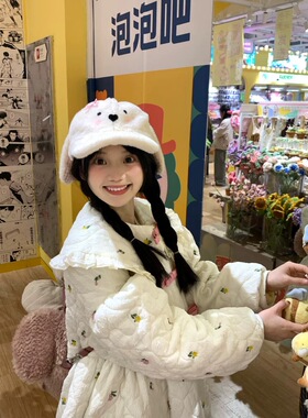 可爱腮红兔耳朵蝴蝶结毛绒棒球帽女冬季卡通显脸小鸭舌帽保暖帽子