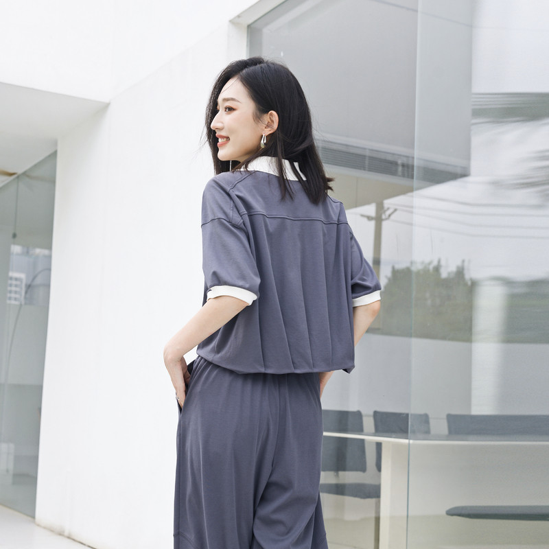 婉甸夏季岩石灰色短袖T恤POLO领拼接短袖套装1242T23RS4