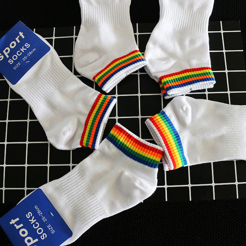 5双装彩虹条纹棉男士船袜短筒潮运动LGBT同志gay白袜子春夏季薄款-图1