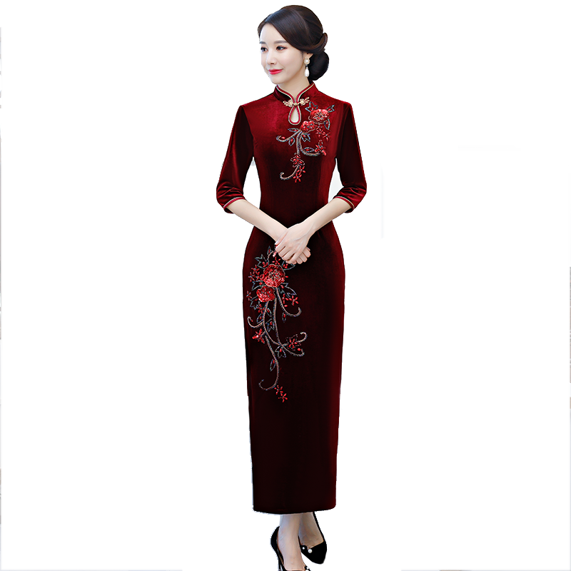 喜婆婆旗袍改良版婚礼金丝绒连衣裙 播杉旗袍