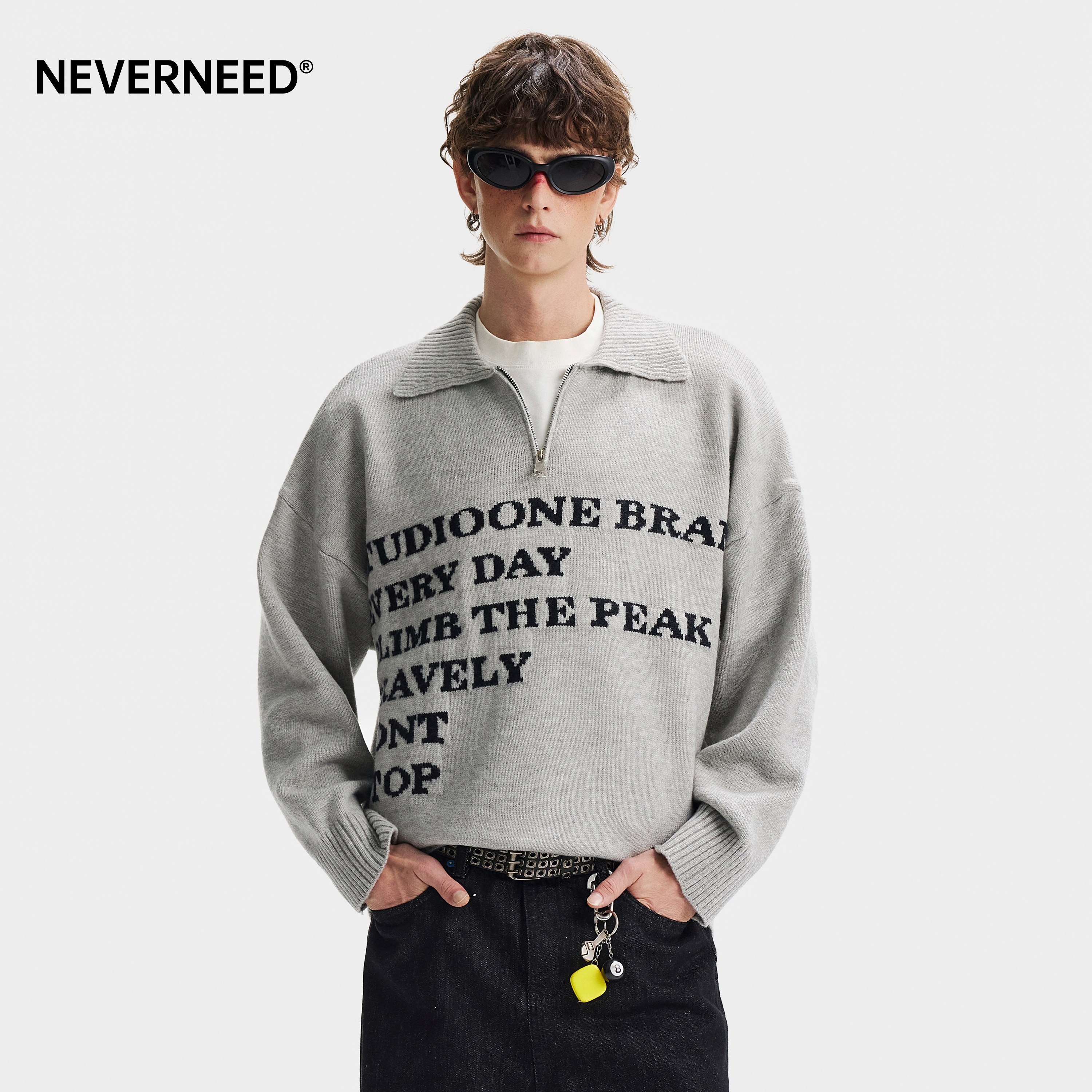 NEVERNEED半拉链polo领毛衣男女冬季美式简约字母慵懒套头针织衫,淘宝优惠券,粉丝福利购,淘宝优惠卷