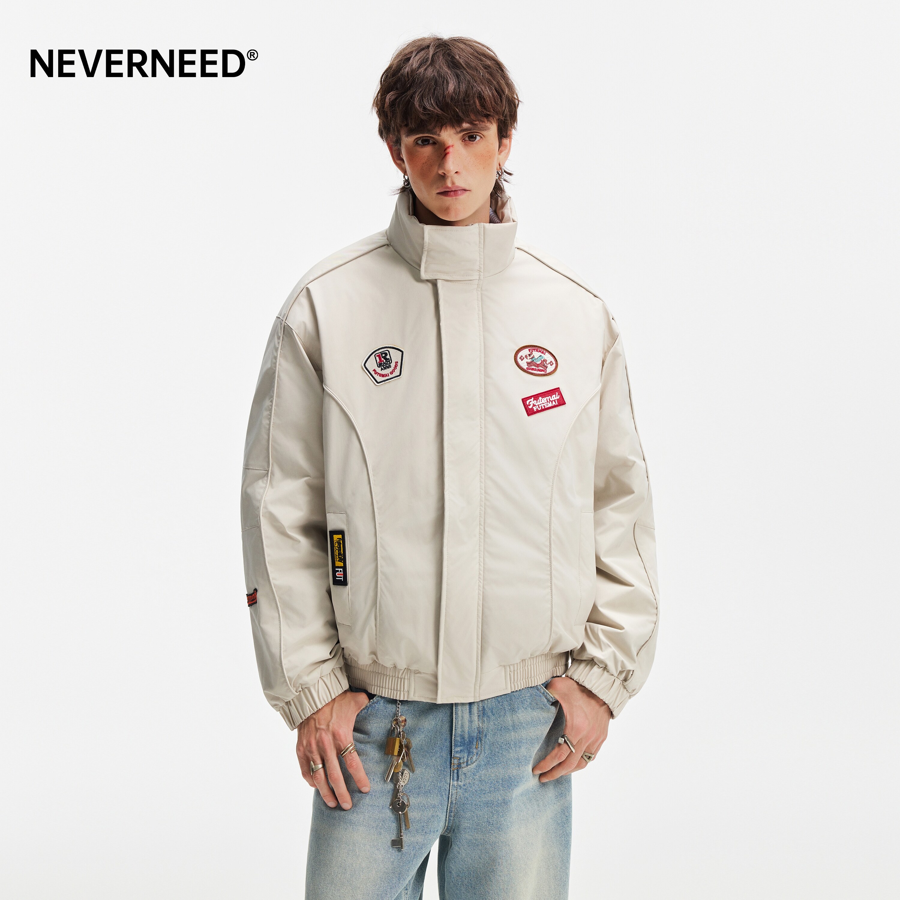 NEVERNEED纯色保暖棉衣男女秋冬季美式复古徽章短款机车棉服外套