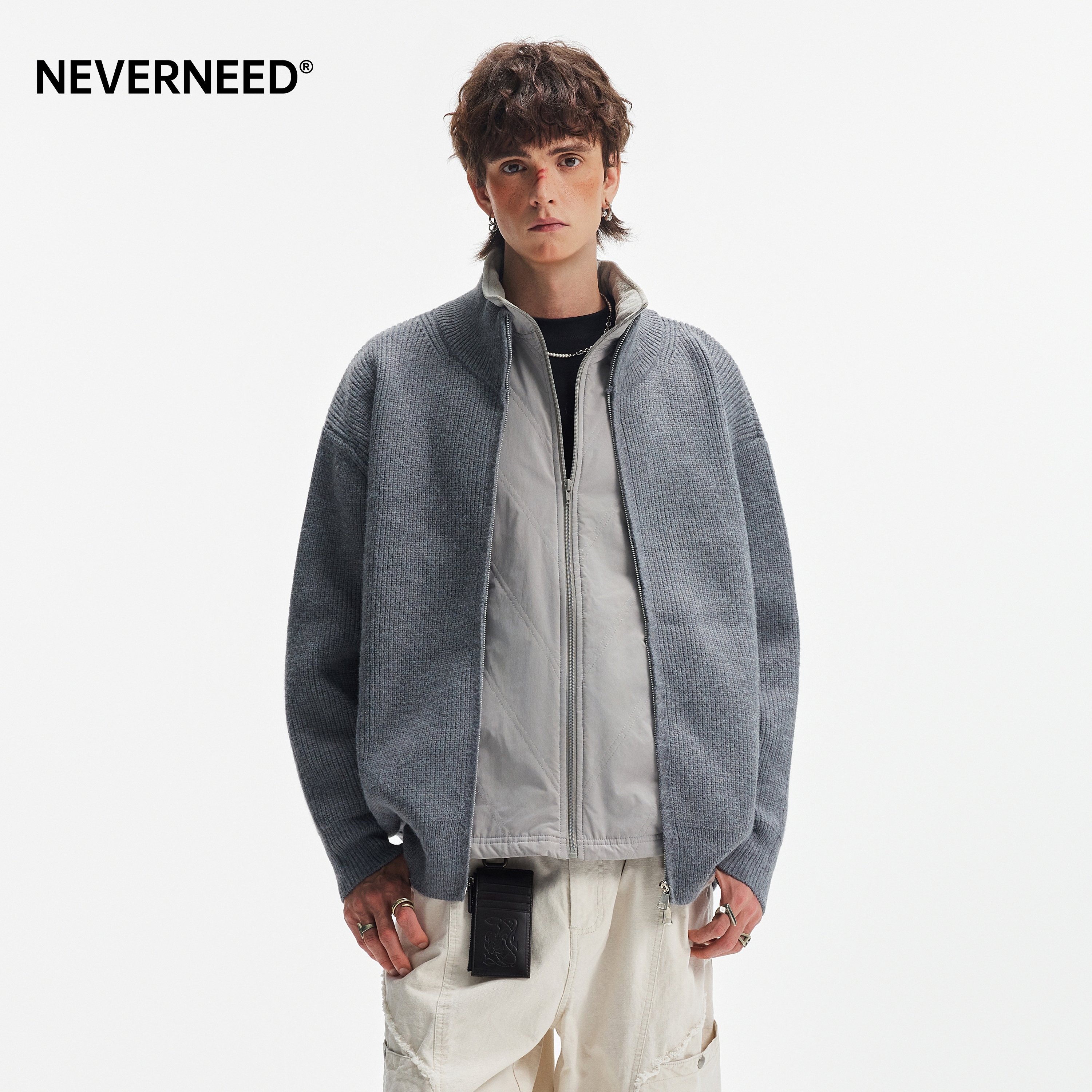 NEVERNEED双拉链立领开衫毛衣男女冬季美式休闲慵懒风针织衫外套,淘宝优惠券,粉丝福利购,淘宝优惠卷