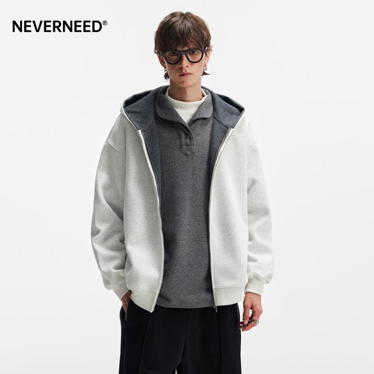 NEVERNEED American cleanfit sudadera con capucha para hombres y mujeres boxy short doble cremallera contraste cardigan chaqueta