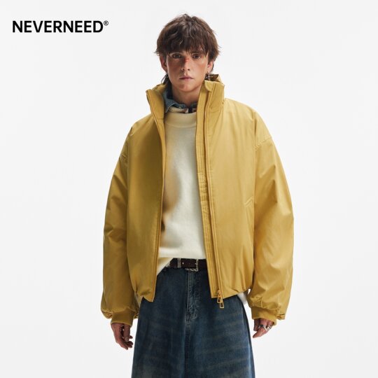 NEVERNEED solid color short stand collar cotton coat for men