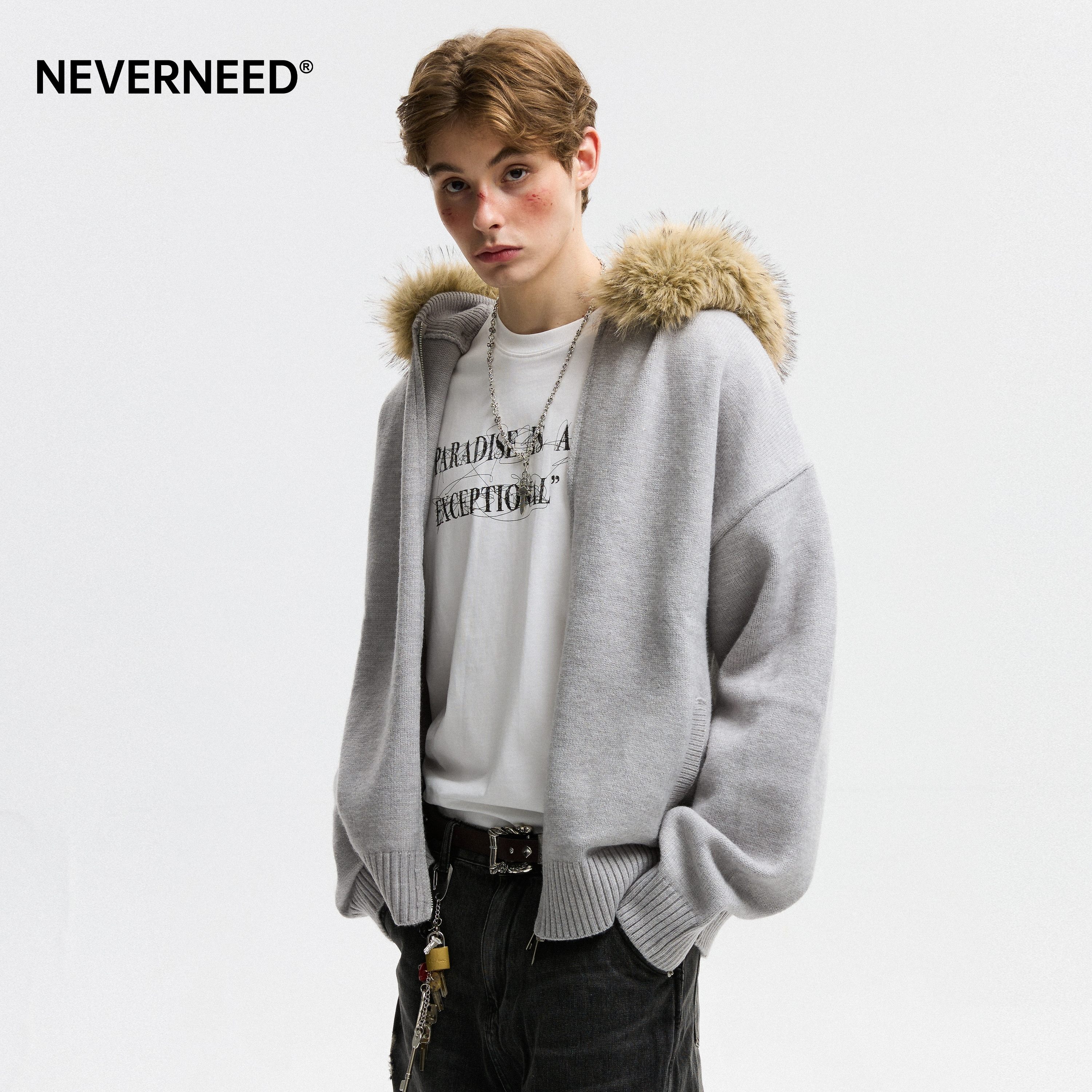 NEVERNEED双拉链连帽毛衣男女秋季美式慵懒风情侣针织开衫上衣潮,淘宝优惠券,粉丝福利购,淘宝优惠卷