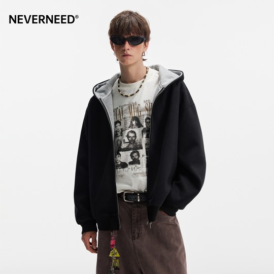 NEVERNEED American cleanfit sudadera con capucha para hombres y mujeres boxy short doble cremallera contraste cardigan chaqueta