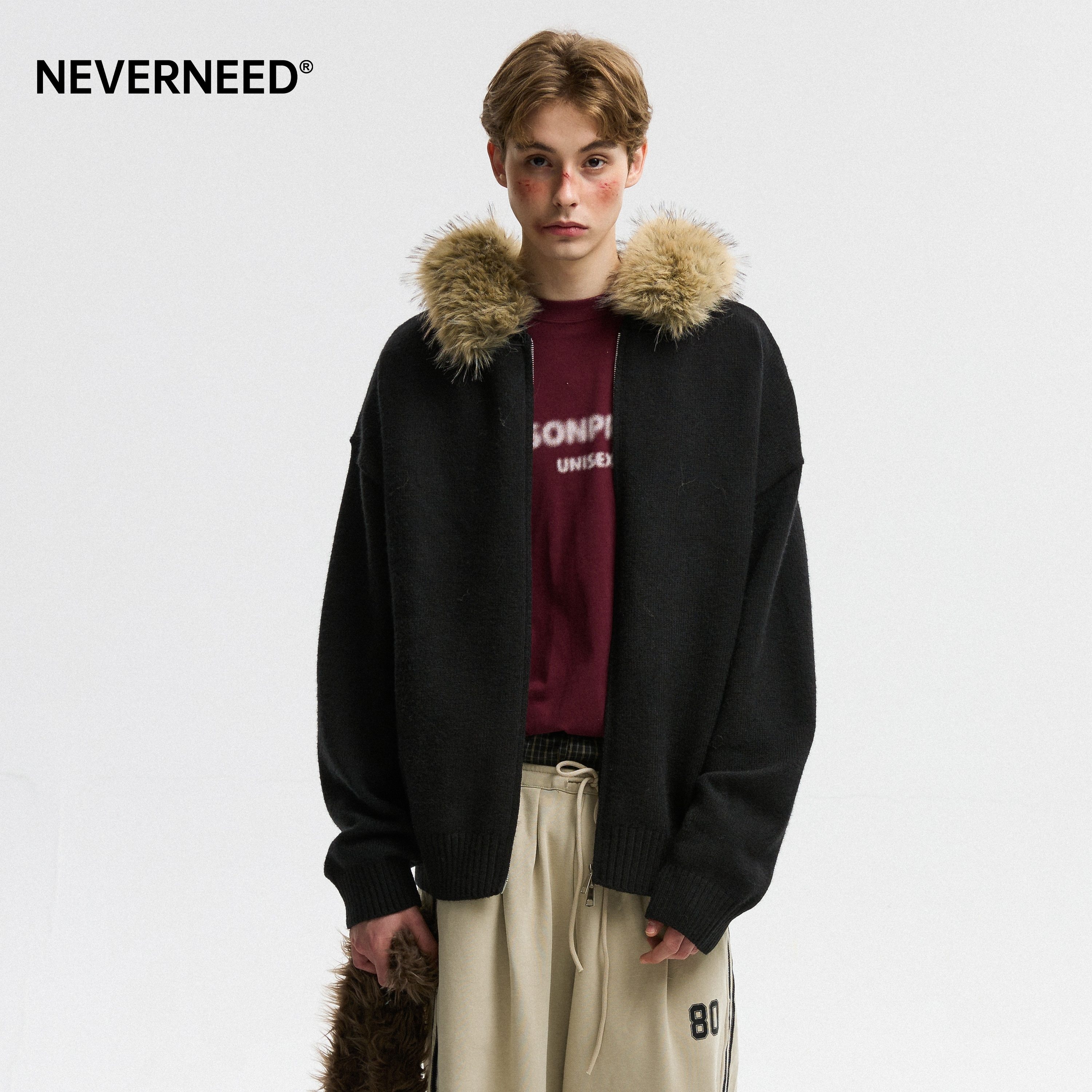 NEVERNEED双拉链连帽毛衣男女秋季美式慵懒风情侣针织开衫上衣潮,淘宝优惠券,粉丝福利购,淘宝优惠卷