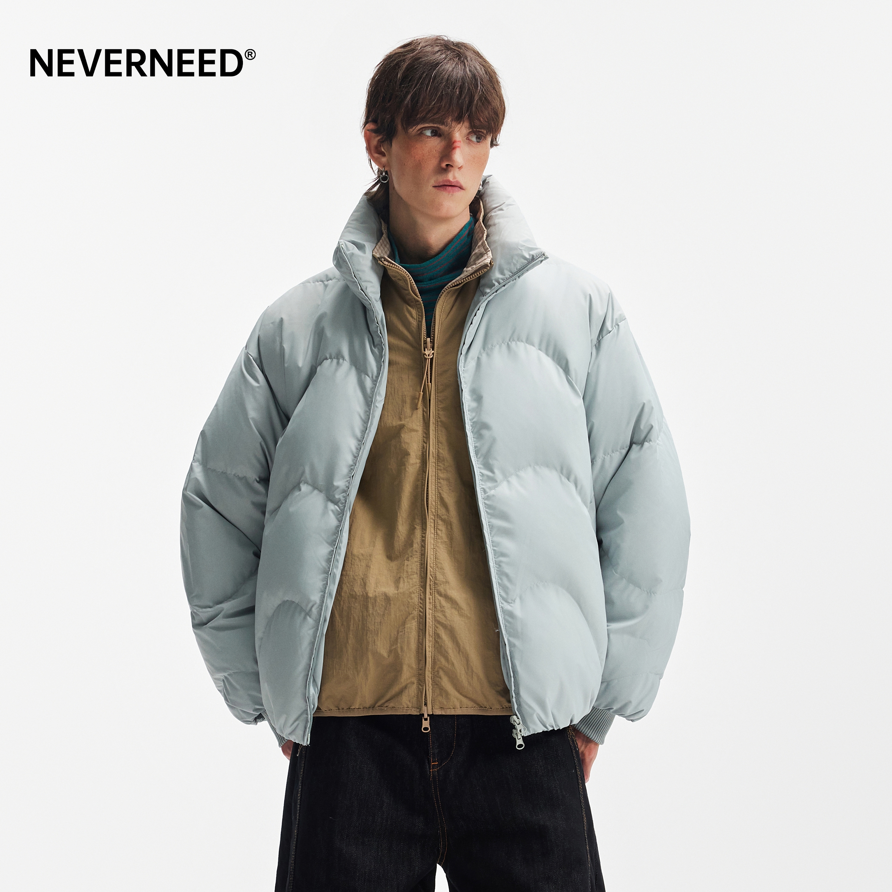 NEVERNEED三防特氟龙立领高充绒羽绒服男冬季加厚保暖面包服外套