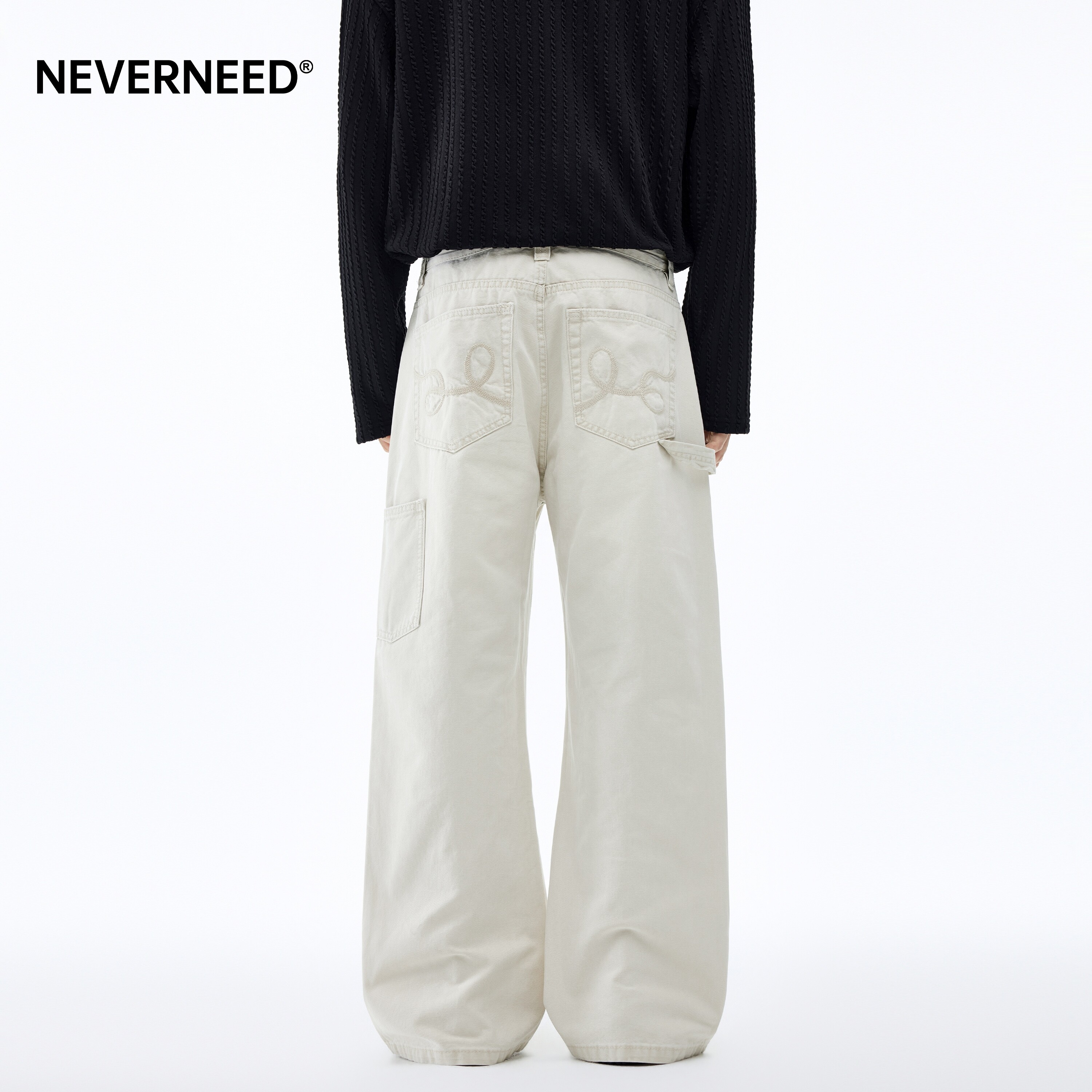 NEVERNEED纯棉直筒阔腿牛仔裤男女春季美式复古cleanfit微喇裤