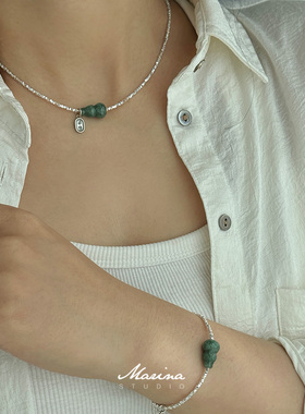 天然翡翠葫芦碎银子项链 通体s925纯银手工串珠新中式绿色锁骨链