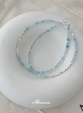 小众清冷感blingbling天然海蓝宝碎银子项链通体s925纯银手工串珠