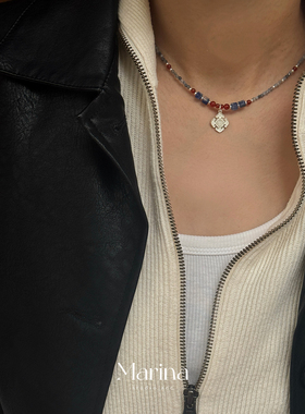 设计款【红蓝小如意】宋式美学新中式天然石串珠项链925纯银红蓝