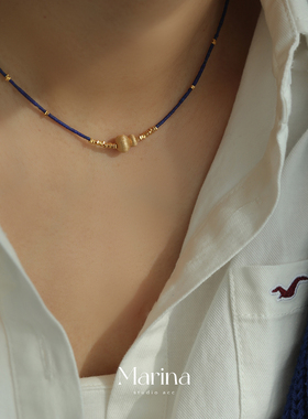 1mm极细青金石金葫芦项链｜通体925纯银碎银显白克莱因蓝吊坠女