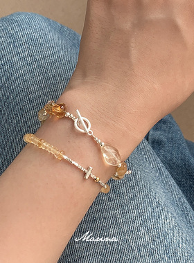 老钱风 | 小众设计感天然黄水晶碎银子手工串珠手链通体s925纯银