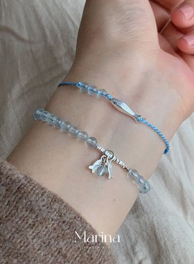 蓝色锦鲤手绳｜天然海蓝宝手作串珠叠戴手链 通体s925纯银手串女