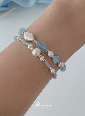 碎碎海｜天然海蓝宝巴洛克珍珠串珠手链 s925银五行补水水晶手串