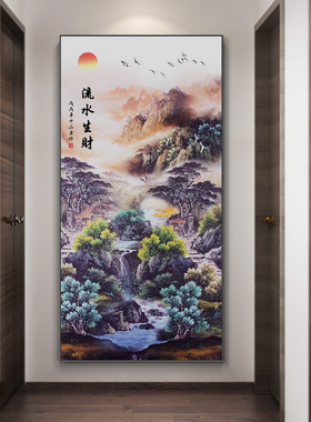 新中式紫气东来挂画玄关走廊尽头装饰画楼梯过道山水风水壁画竖版