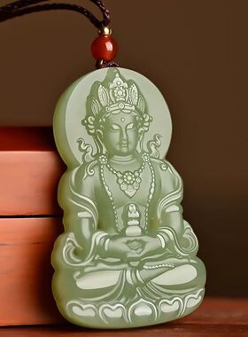 和田色玉青色玉观音吊坠男女款坐莲观音菩萨挂件手持宝瓶平安玉佩