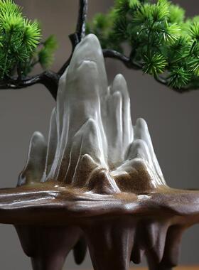 茶空间迎客松假山摆件中式禅意枯山水盆景装饰仿真树玄关室内景观