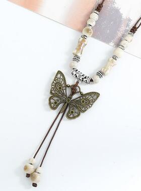 多巴胺陶瓷毛衣链蝴蝶项链小众古风长款毛衣项链直播地摊货源