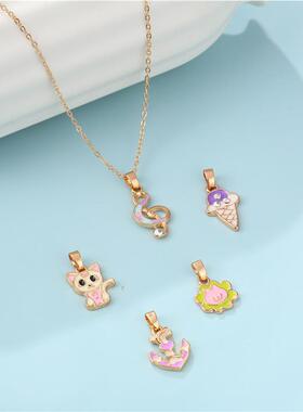 韩版甜美流行儿童项链饰品快乐音符可爱猫吊坠可调换DIY吊坠项链