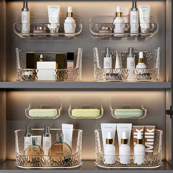 Hole-free cosmetics washbasin wall shelf