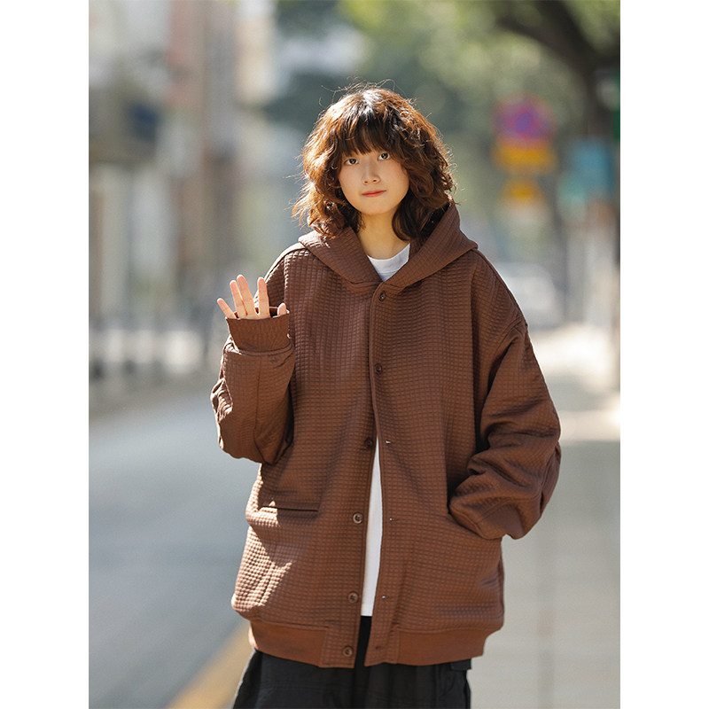 阿于呆日系春秋连帽华夫格重磅开衫女宽松休闲夹克纯色外套男卫衣,淘宝优惠券,粉丝福利购,淘宝优惠卷