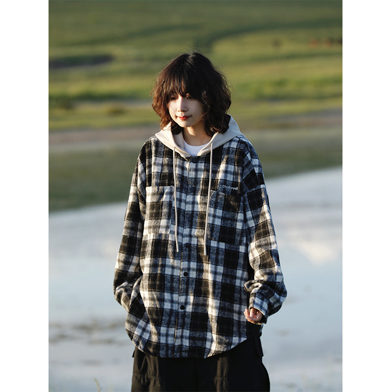 阿于呆日系假两件连帽格子长袖衬衫男秋季宽松慵懒百搭衬衣外套女
