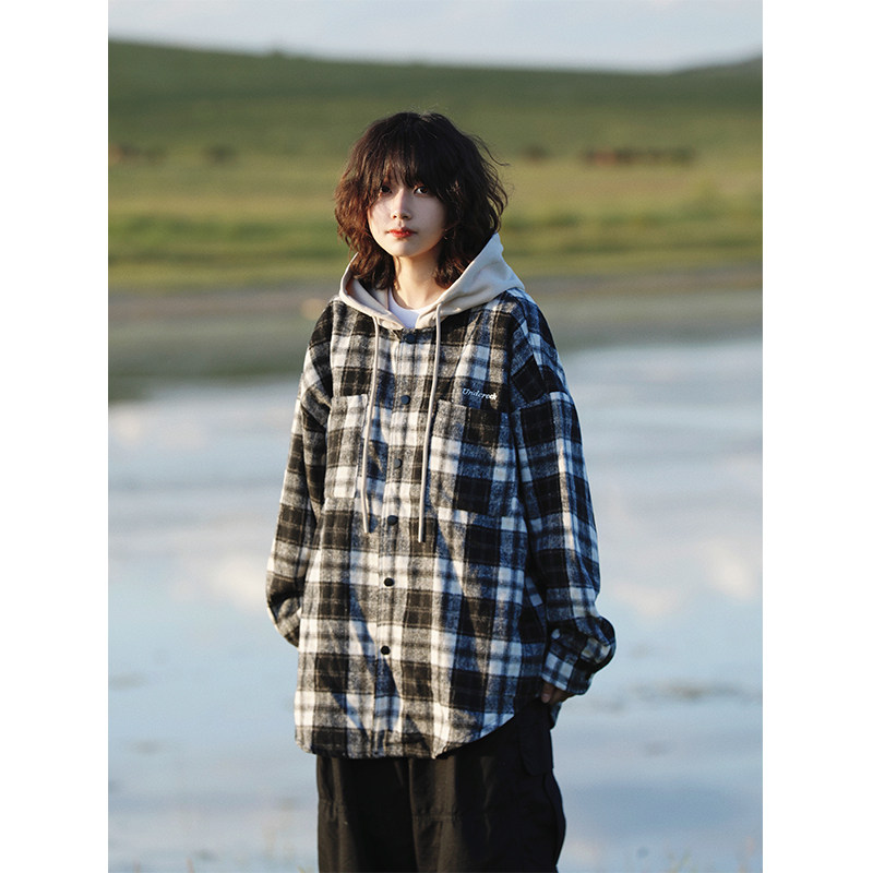 阿于呆日系假两件连帽格子长袖衬衫男秋季宽松慵懒百搭衬衣外套女