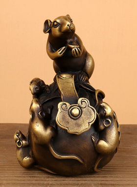 铜魂古匠黄铜老鼠摆件福吉鼠生肖鼠如意桌面摆设青铜器工艺礼品收