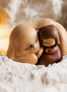 蕉墅家居守护兔女孩Q版可爱实木桌面装饰摆件送朋友儿童生日礼物